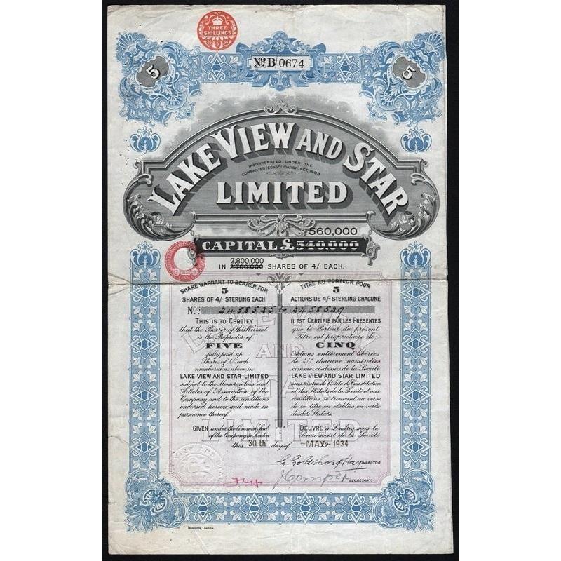 Lake View and Star Limited Stock Certificate