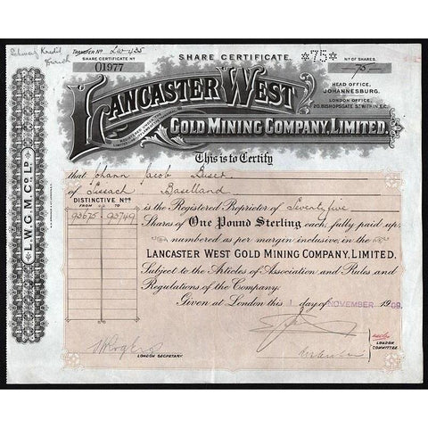 Lancaster West Gold Mining Company Limited Stock Certificate