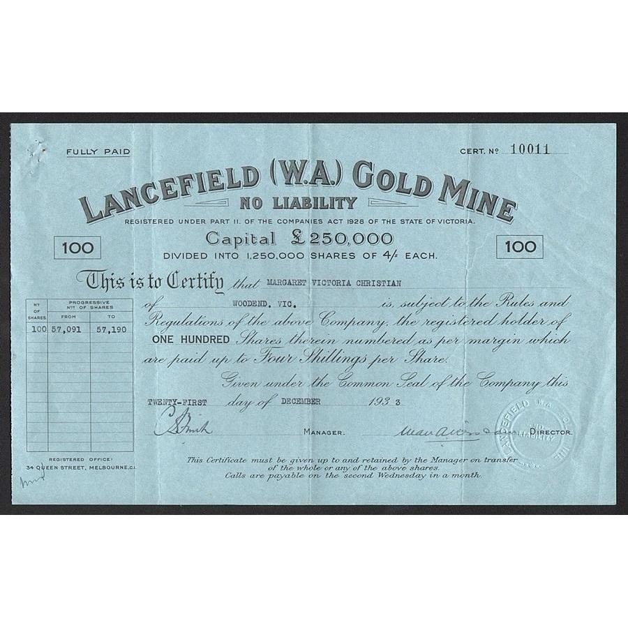 Lancefield (W.A.) Gold Mine No Liability Stock Certificate