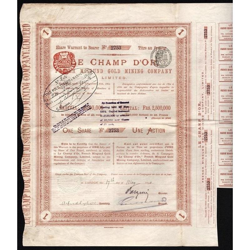 Le Champ d'Or - French Misgund Gold Mining Company Limited Stock Certificate