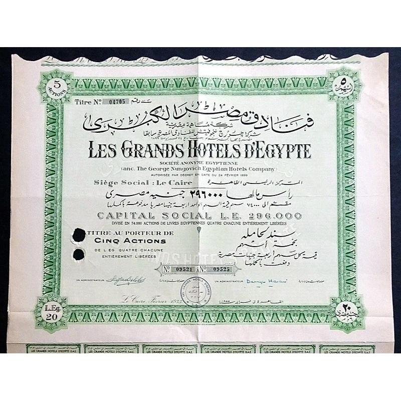 Les Grands Hotels d'Egypte Societe Anonyme Egyptienne Stock Certificate