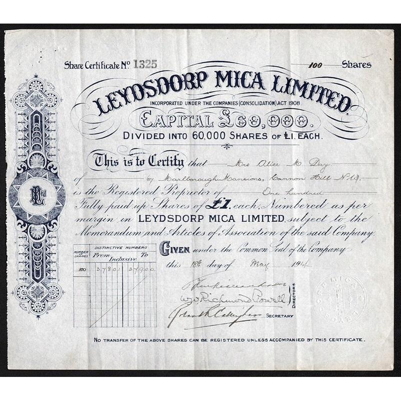 Leydsdorp Mica Limited Stock Certificate