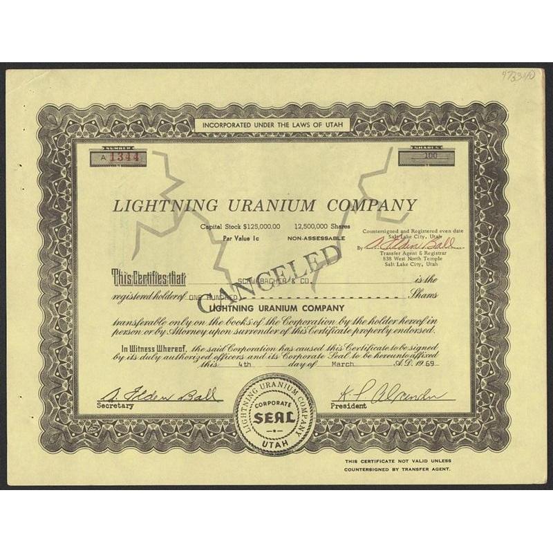 Lightning Uranium Company Stock Certificate