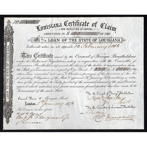 Louisiana Certificate of Claim for Reduction of Capital, 6% Loan of the State of Louisiana Stock Certificate
