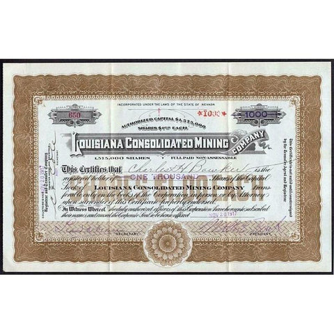 Louisiana Consolidated Mining Company Stock Certificate