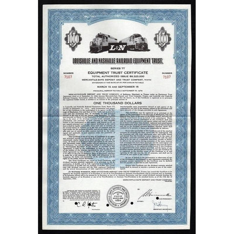 Louisville and Nashville Railroad Equipment Trust Stock Certificate