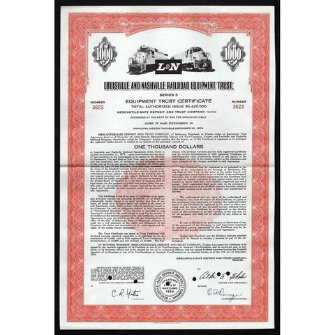 Louisville and Nashville Railroad Equipment Trust Stock Certificate