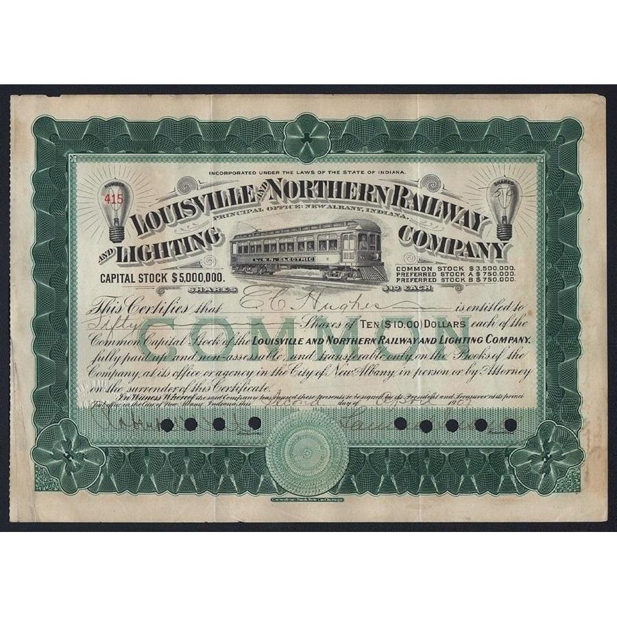 Louisville and Northern Railway and Lighting Company (Samuel Insull) Stock Certificate