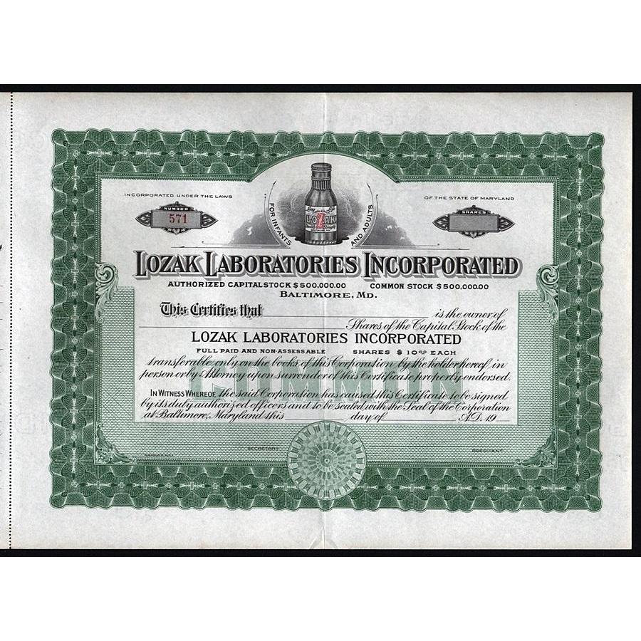 Lozak Laboratories Incorporated Stock Certificate