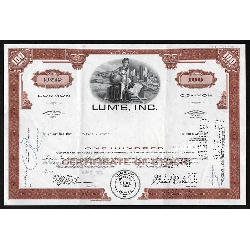 Lum's, Inc. (Caesars World, Inc.) Stock Certificate