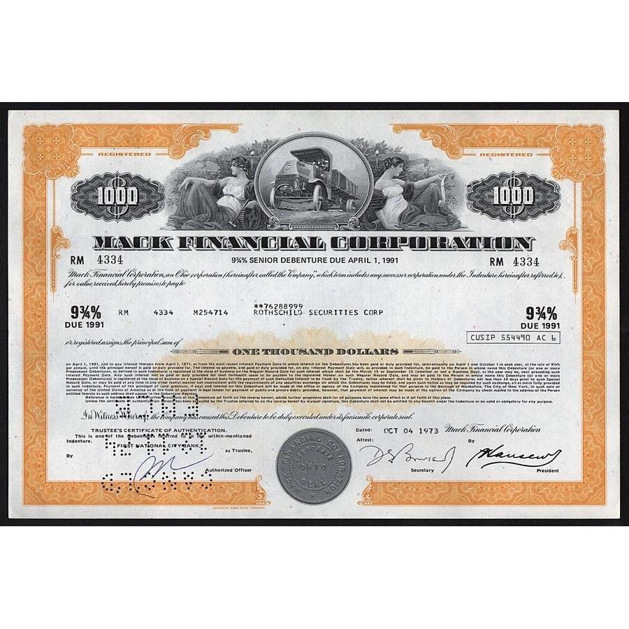 Mack Financial Corporation - $1000 Senior Debenture Stock Certificate