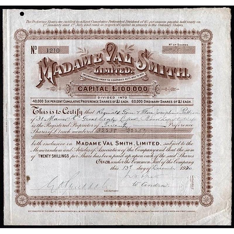 Madame Val Smith, Limited Stock Certificate