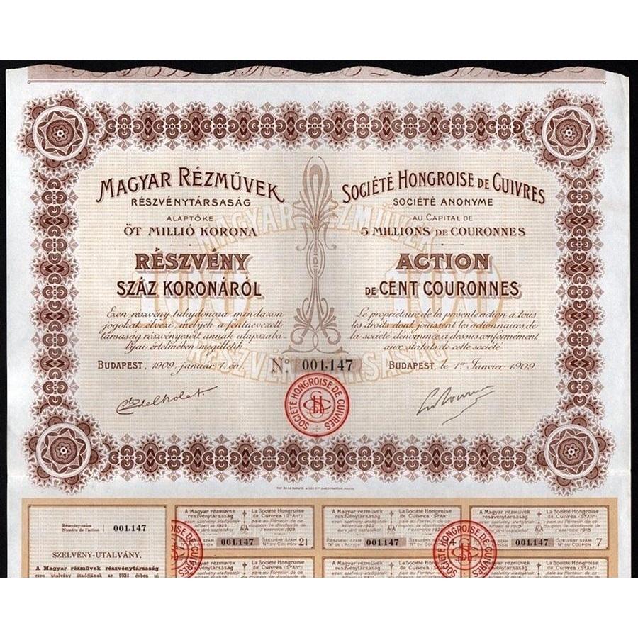 Magyar Rezmüvek Reszvenytarsasag - Societe Hongroise de Cuivres Societe Anonyme Stock Certificate