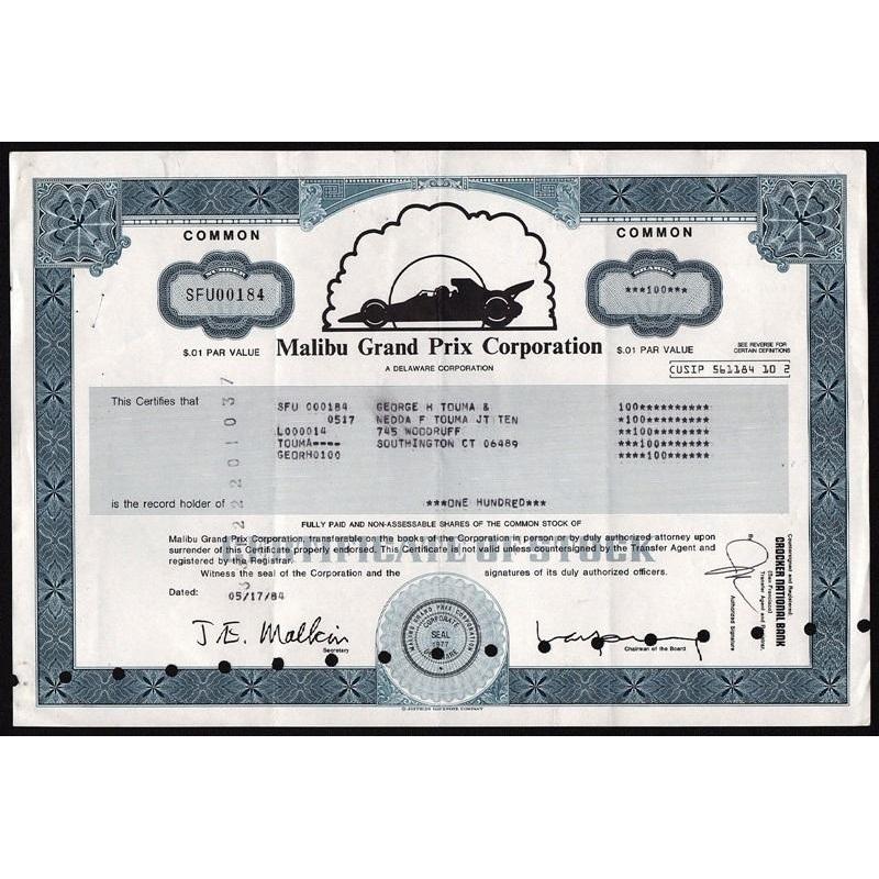 Malibu Grand Prix Corporation Stock Certificate