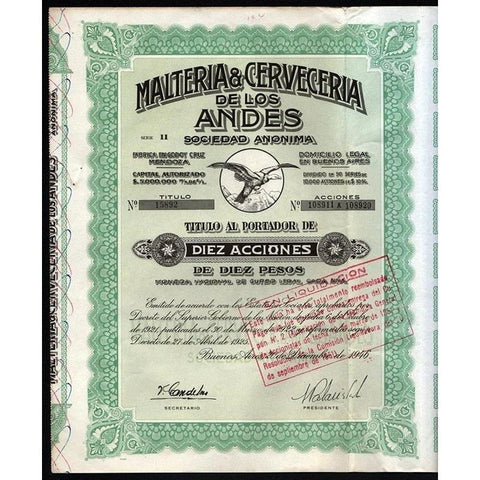 Malteria & Cerveceria de los Andes Sociedad Anonima Stock Certificate