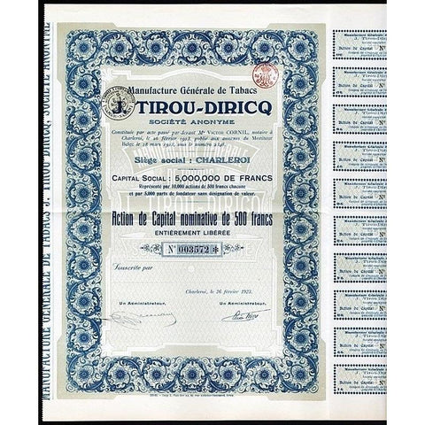 Manufacture Generale de Tabacs Tirou-Diricq S.A. Stock Certificate