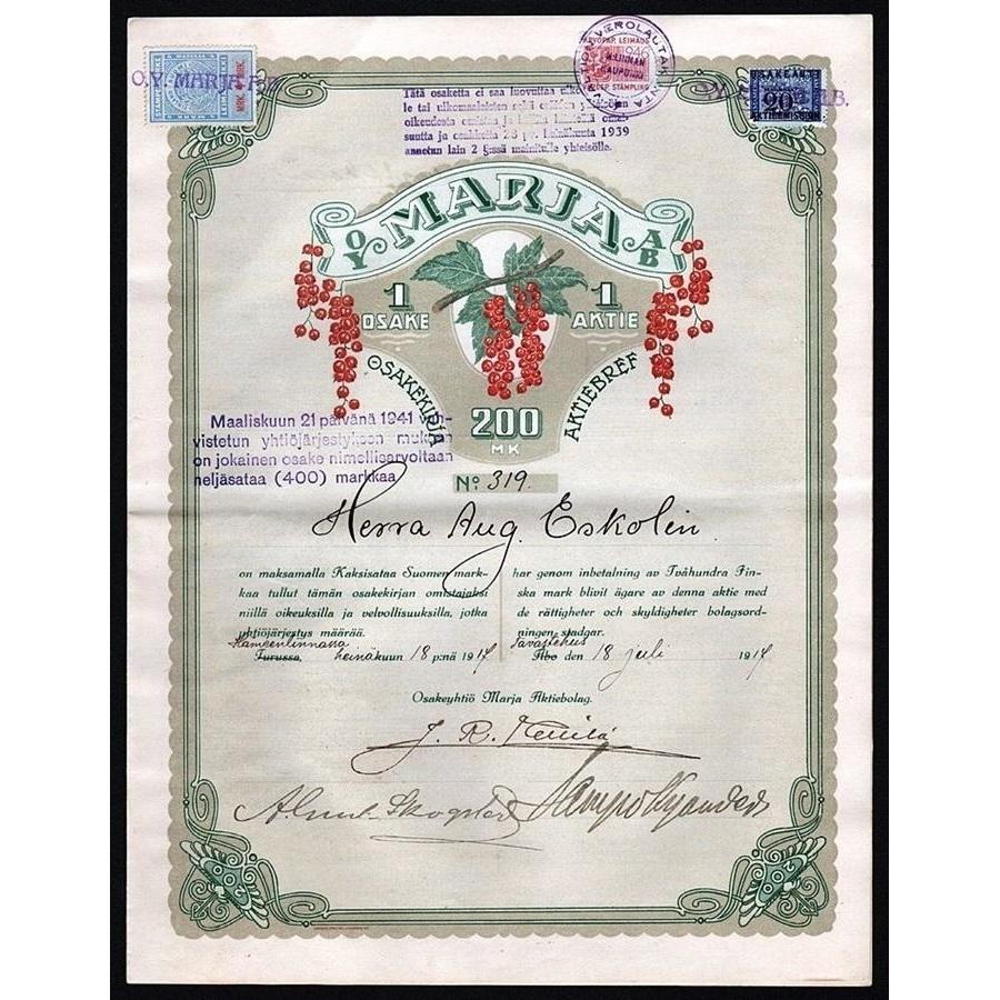 Marja Osakeyhtiö Aktiebolag Finland Stock Certificate