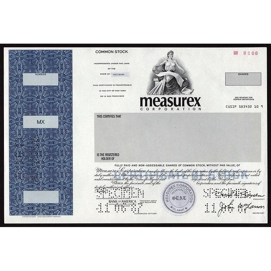 Measurex Corporation (Specimen) Stock Certificate