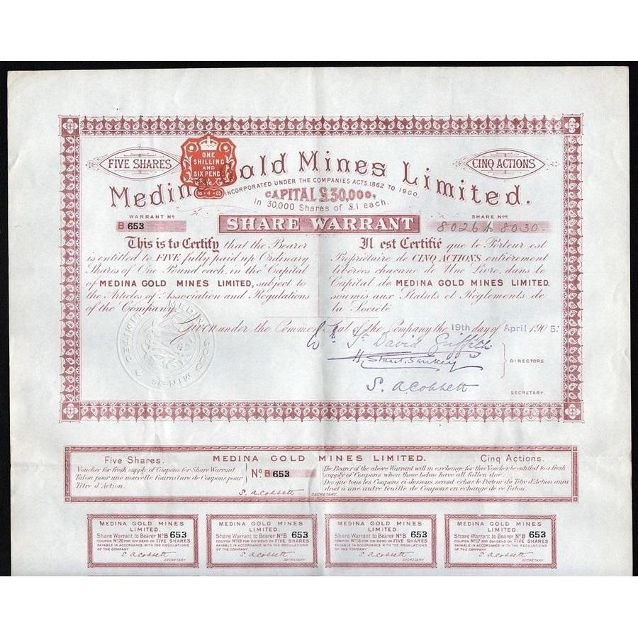 Medina Gold Mines Limited 1905 Colombia Stock Certificate