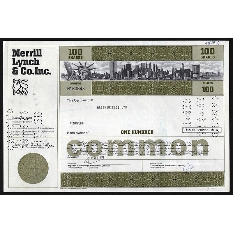 Merrill Lynch & Co. Inc. Stock Certificate Twin Towers WTC