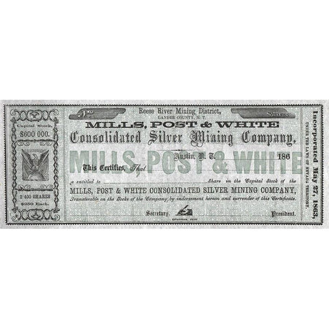 Mills, Post & White Consolidated Silver Mining Company Stock Certificate