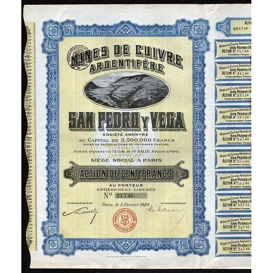Mines de Cuivre San Pedro y Vega Societe Anonyme Stock Certificate