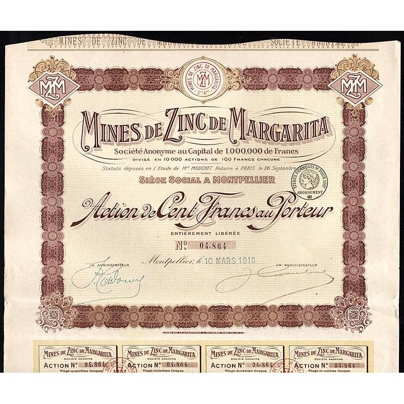 Mines de Zinc de Margarita Societe Anonyme Stock Certificate