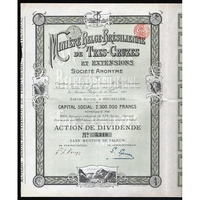 Miniere Belge-Bresilienne de Tres-Cruzes et Extensions Societe Anonyme 1901 Belgium-Brazil Stock Certificate