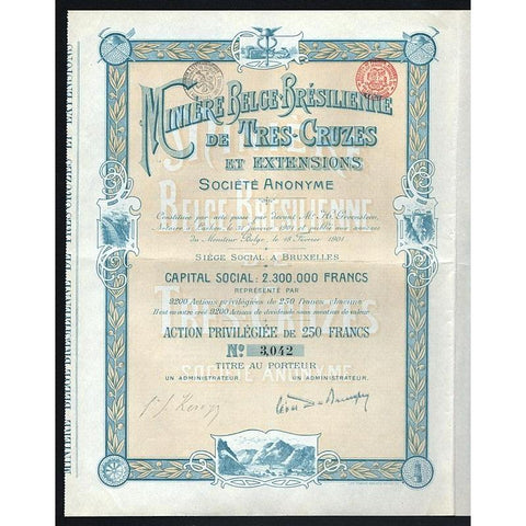 Miniere Belge-Bresilienne de Tres-Cruzes et Extensions Societe Anonyme 1901 Belgium-Brazil Stock Certificate