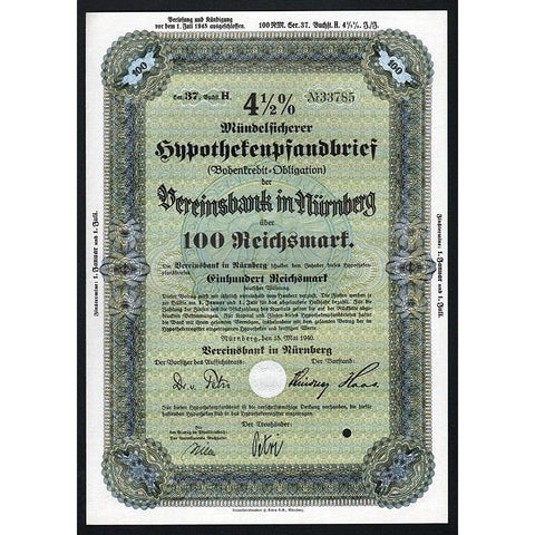 Mündelsicherer Hypothekenpfandbrief der Vereinsbank Nürnberg Stock Certificate