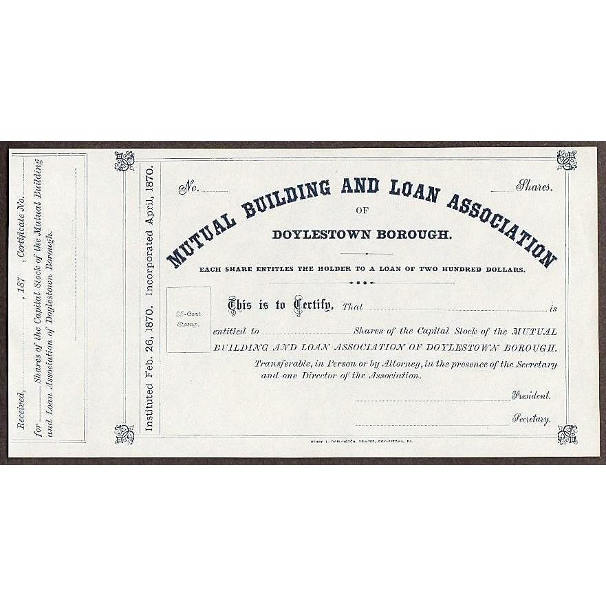 Mutual Building and Loan Association of Doylestown Borough Stock Certificate