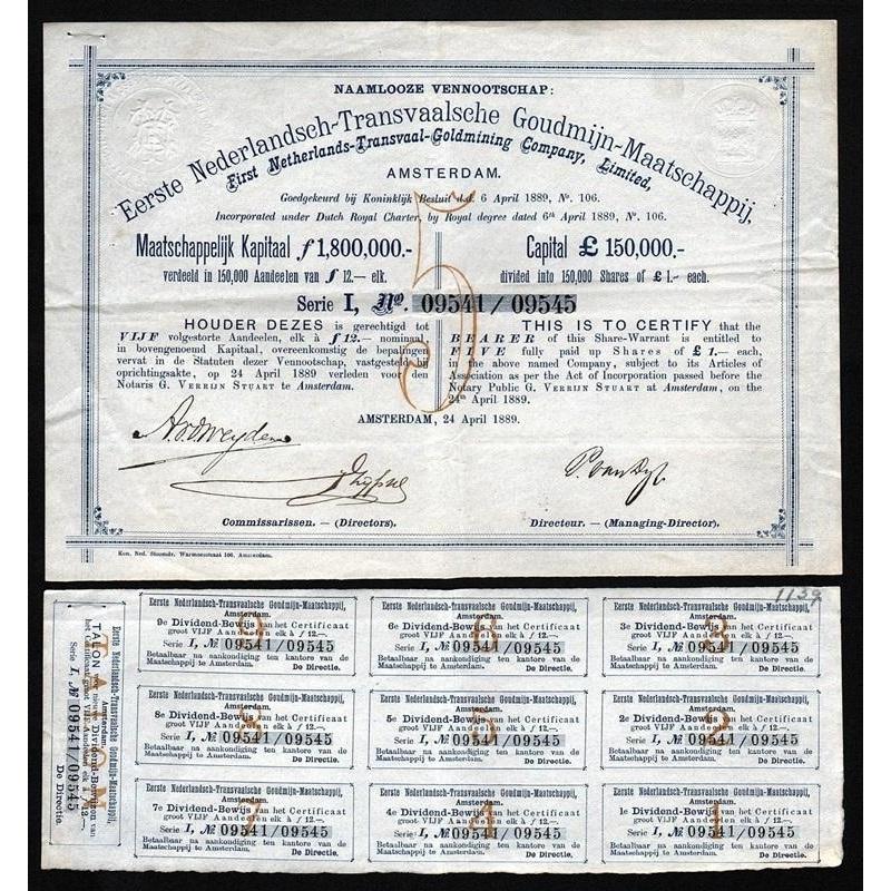 Naamlooze Vennootschap Eerste Nederlandsch-Transvaalsche Goudmijn-Maatschappij Stock Certificate