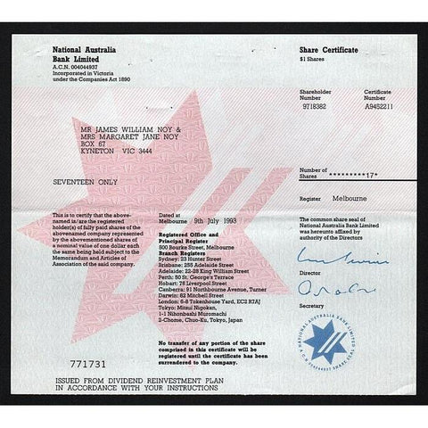 National Australia Bank Limited Stock Certificate
