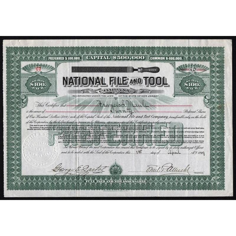 National File and Tool Company Stock Certificate