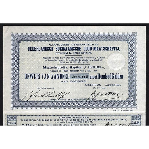 Nederlandsch Surinaamsche Goud-Maatschappij Stock Certificate