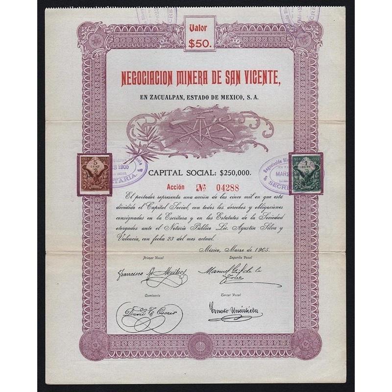 Negociacion Minera de San Vicente, en Zacualpan, Estado de Mexico, S.A. Stock Certificate