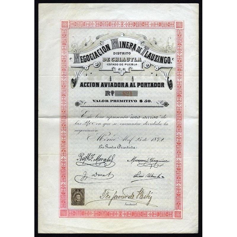 Negociacion Minera de Tlauzingo, Distrito de Chiautla, Estado de Puebla Stock Certificate