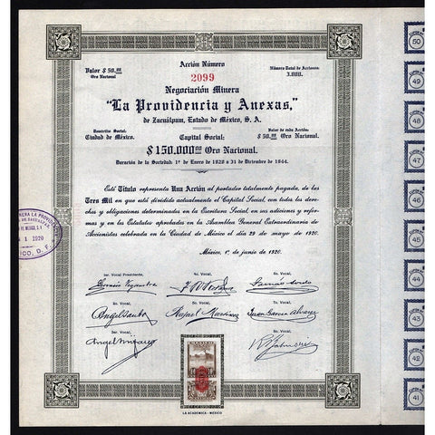 Negociacion Minera "La Providencia y Anexas," de Zacualpam, Estado de Mexico, S. A. Stock Certificate