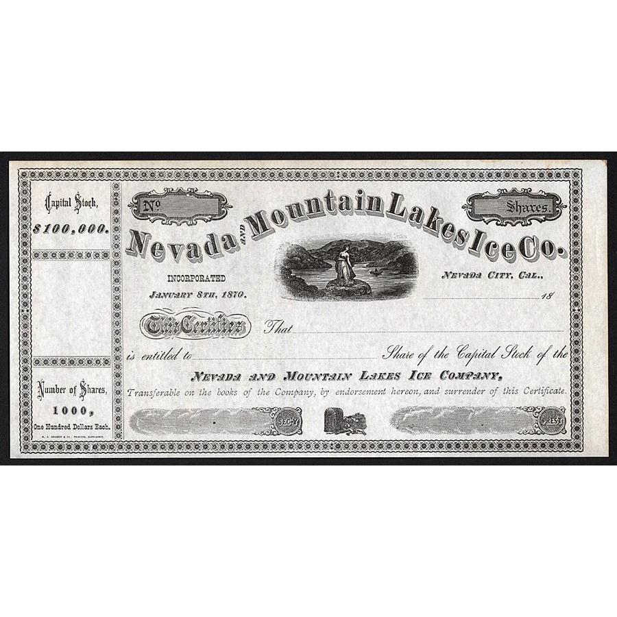 Nevada and Mountain Lakes Ice Company Stock Certificate