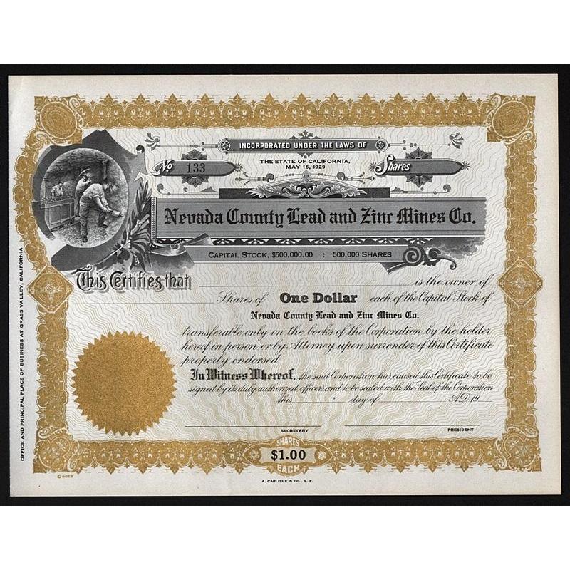 Nevada County Lead and Zinc Mines Co. Stock Certificate