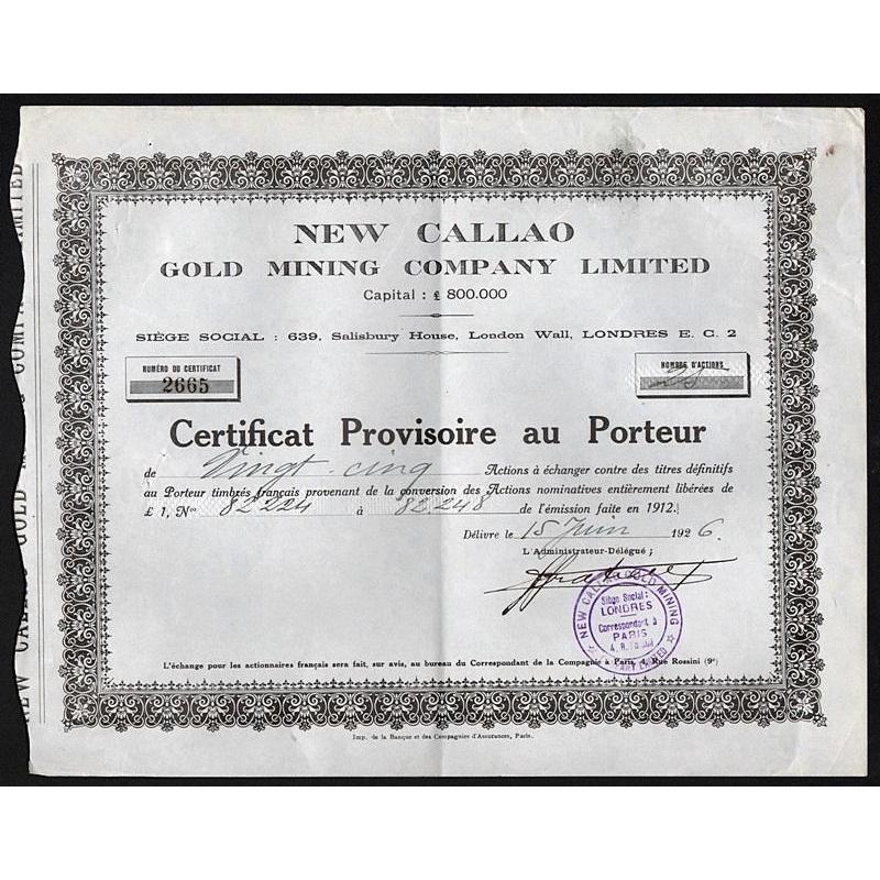 New Callao Gold Mining Company, Limited Stock Certificate