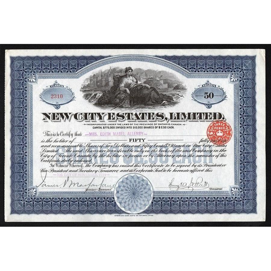 New City Estates Limited Stock Certificate
