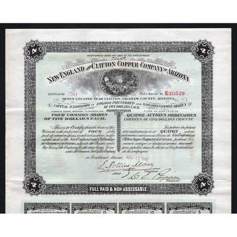 New England and Clifton Copper Company of Arizona Stock Certificate