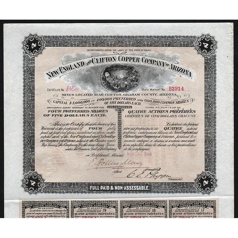 New England and Clifton Copper Company of Arizona Stock Certificate