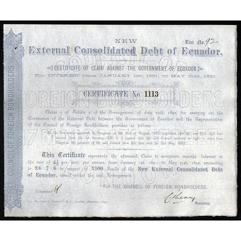New External Consolidated Debt of Ecuador - £100 Stock Certificate
