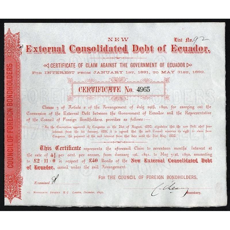 New External Consolidated Debt of Ecuador - £40 Stock Certificate