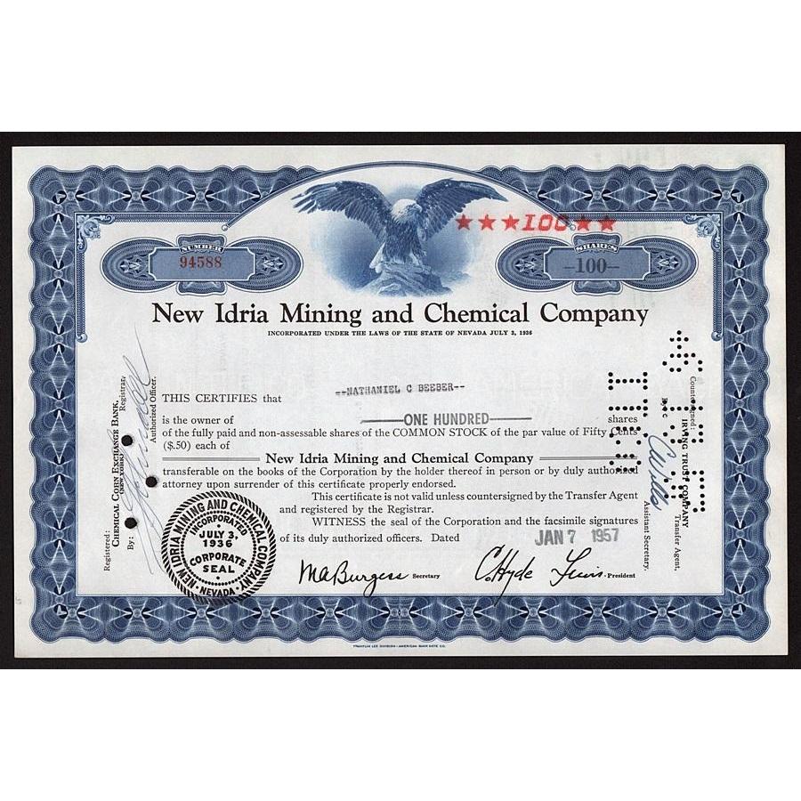 New Idria Mining and Chemical Company Stock Certificate