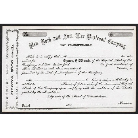 New York and Fort Lee Railroad Company Stock Certificate