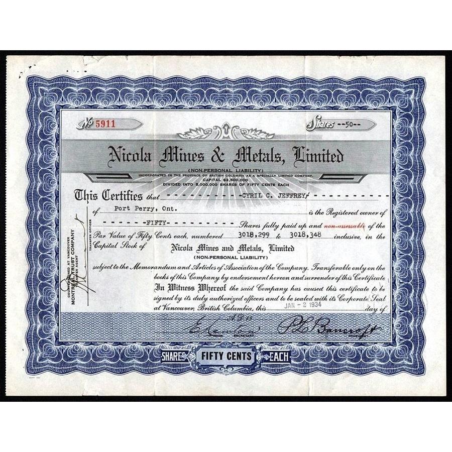 Nicola Mines & Metals, Limited Stock Certificate