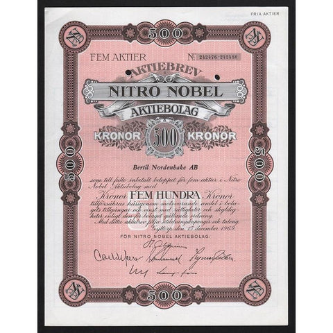 Nitro Nobel Aktiebolaget Stock Certificate